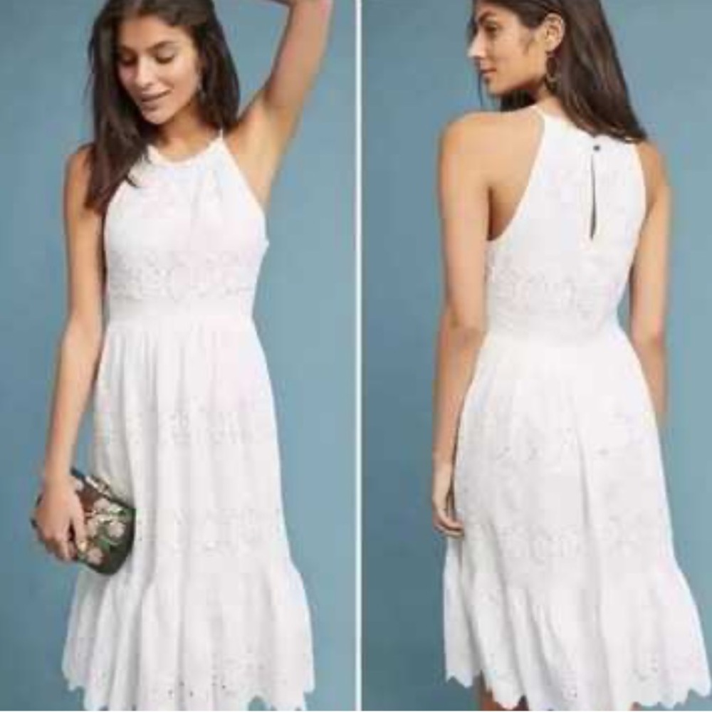 Anthropologie Maeve Tiered Eyelet Midi Dress in White